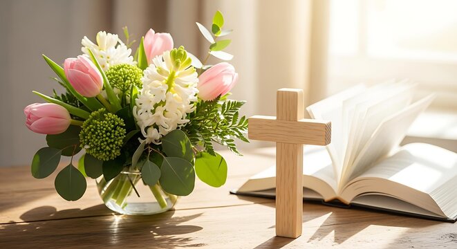 Minimalist wooden cross with fresh spring flowers in sunlight. Christian background for Mother's Day, Easter, spiritual wellness.