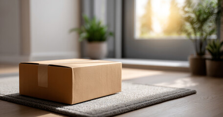 Closed cardboard delivery box placed on a carpet in a sunlit modern living room near a glass door with indoor plants in the background
