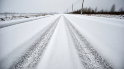 Obraz premium Close up front view of snow covered road with tire tracks and fresh snow patterns, clean winter background with copy space, sharp focus, detailed texture and minimal composition