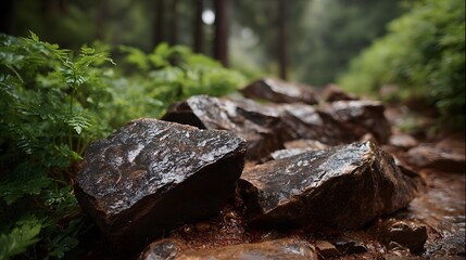 Fototapeta premium Damp forest path featuring dark wet rocks and lush green ferns under moody lighting