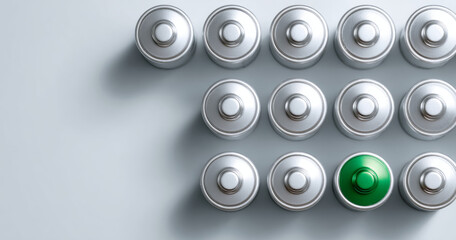Top view of multiple silver spray paint cans arranged in rows with one green can standing out among them on a light background
