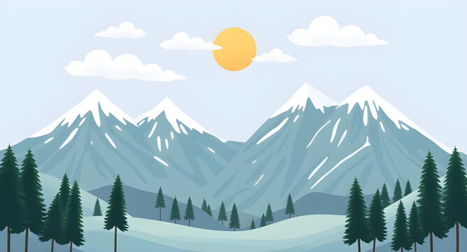 mountain landscape with sun, sunny mountains, sunlit landscape, nature background, outdoor background, scenic background, hills background, peaks background, valley background, forest background, tree