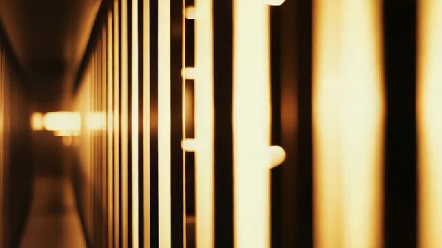 Golden abstract lights illuminating parallel vertical lines, creating a mesmerizing pattern and a contemporary background with a sense of depth and movement