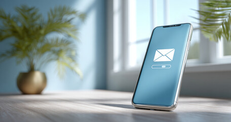 Smartphone displaying email loading screen on wooden table with blurred indoor plants and window background in soft natural light