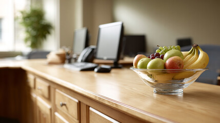 Glass bowl filled with fresh assorted fruits on wooden desk with blurred computer monitors in background