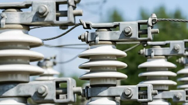 Closeup of power line insulators against blue sky in motion sequence