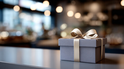 Elegant gift box with satin ribbon bow placed on smooth surface in softly lit modern interior setting with bokeh background