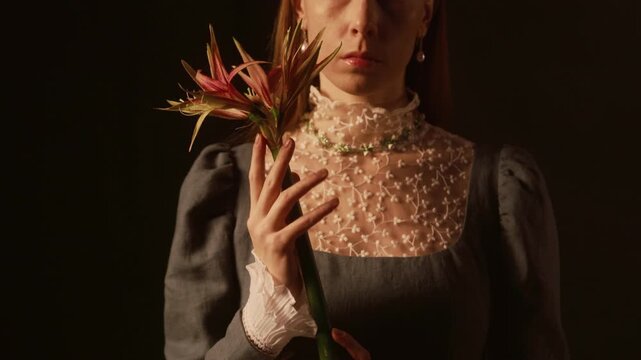 Cropped shot of young adult woman in puff sleeve vintage dress touching hippeastrum sumatra flower while posing with delicate plant in low key lit studio against black background