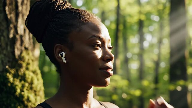 Woman in forest adjusting earbuds