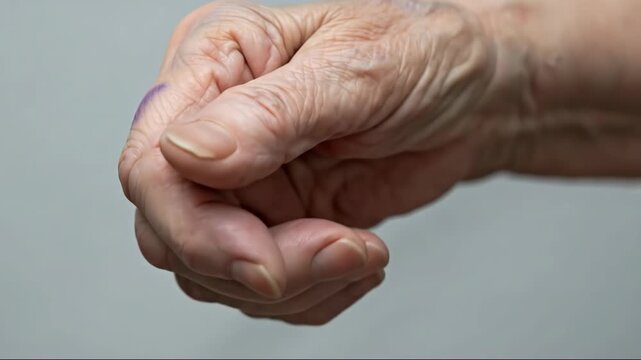 Elderly hand movement demonstrating arthritis with subtle finger flexion in natural light
