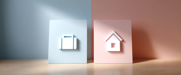 Minimalist 3D icons of suitcase and house on pastel blue and pink backgrounds placed on wooden surface with soft shadows