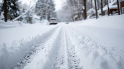 Fototapeta premium Close up front view of snow covered road with tire tracks and fresh snow patterns, clean winter background with copy space, sharp focus, detailed texture and minimal composition