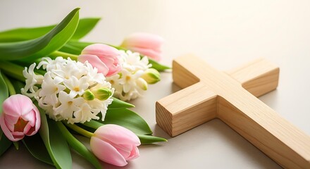 Minimalist wooden cross with fresh spring flowers in sunlight. Christian background for Mother's Day, Easter, spiritual wellness.