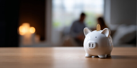 White ceramic piggy bank with a coin inserted on wooden table in cozy home setting with blurred couple in background