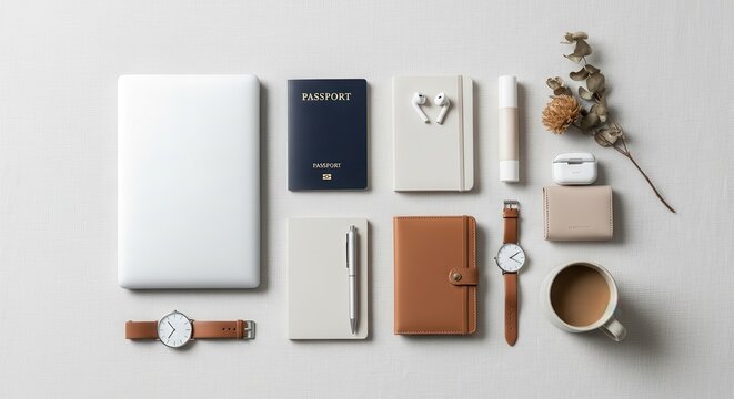 Assorted modern personal and travel accessories are neatly arranged on a light surface for a flat lay composition.