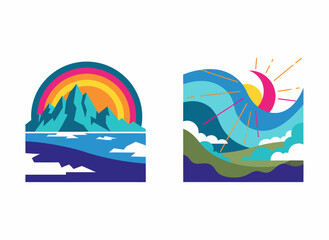 Fototapeta premium Vibrant Vector Landscapes Majestic Mountains with Rainbow and Dynamic Ocean Waves