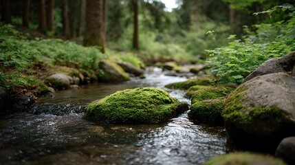 Obraz premium A serene forest stream winds through lush vegetation its clear water flowing over moss covered rocks creating a tranquil natural scene