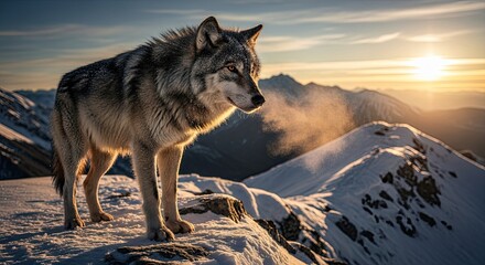 Fototapeta premium Majestic Wolf Standing on Snowy Mountain Peak at Sunrise, Breathtaking Winter Landscape