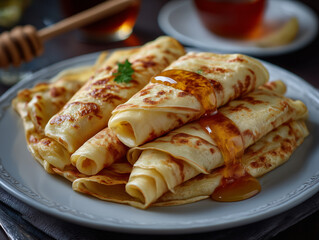 Golden honey dripping on stack of rolled cr&ecirc;pes