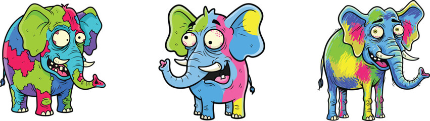 Naklejka premium Three cartoon elephants with colorful, abstract patterns, expressing a playful and whimsical mood