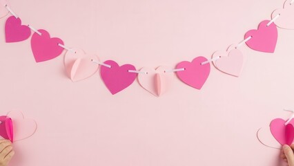 Hands hanging pink heart-shaped paper garland against a soft pink background