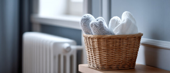 Wicker basket filled with cozy woolen socks placed on wooden surface near home radiator heater in softly lit room