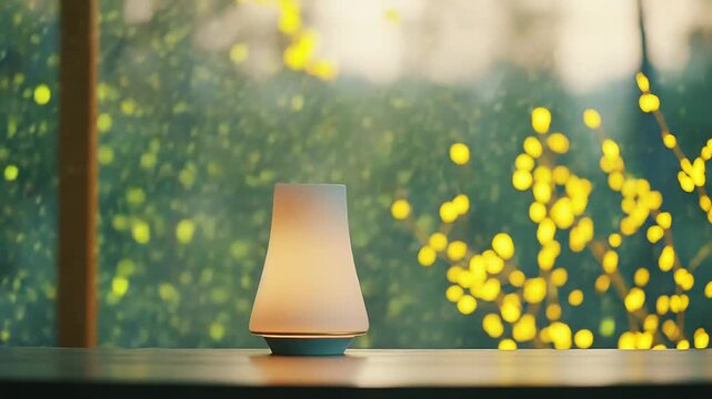 Modern elegant aroma diffuser illuminates a wooden surface, casting a warm glow against a blurred green background adorned with golden bokeh lights, offering relaxation and comfort