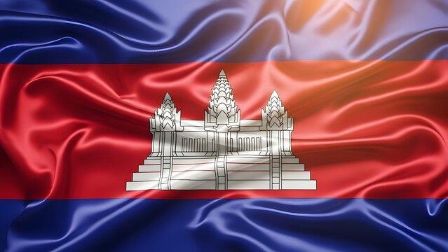 Vibrant Cambodian flag waving with Angkor Wat symbol