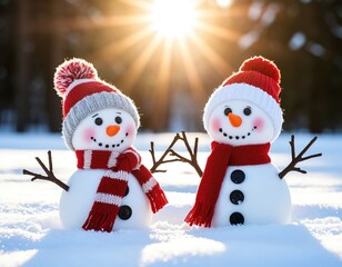 Two snowmen standing on a sunny winter day. Winter Christmas New Year card