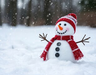 snowman standing on a sunny winter day. Winter Christmas New Year card