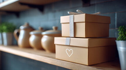 Two beige gift boxes with ribbon and heart symbol stacked on wooden shelf with ceramic jars and potted plants in blurred background