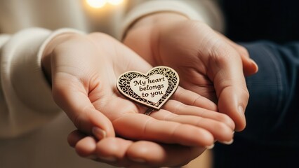 Hands holding small wooden heart plaque with romantic my heart belongs to you message