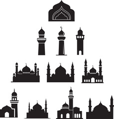 Islamic architecture silhouette collection featuring various mosque styles minarets and religious domes for ramadan kareem and eid mubarak celebration design elements in black isolated on white bg