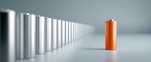 Obraz premium Single orange battery standing out in front of a row of silver batteries on a reflective surface with a blurred background