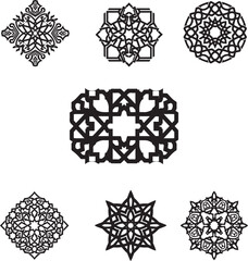 Arabic geometric pattern set featuring intricate mandala designs and islamic ornament stars for traditional decoration and cultural background in black silhouette style on transparent grid background 
