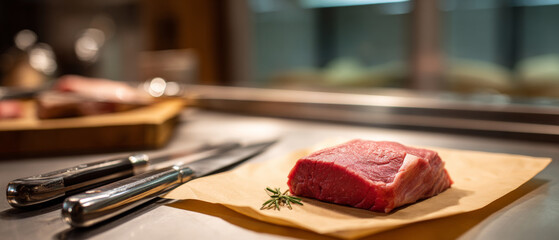 Raw fresh beef steak on butcher paper with rosemary herb and knives on stainless steel countertop in kitchen