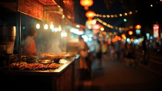 Night Market Street Food: Skewers Cooking Under Bokeh Lights