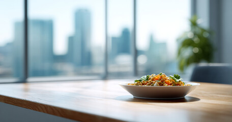 Close-up of healthy salad bowl on wooden table with blurred cityscape background in bright modern interior