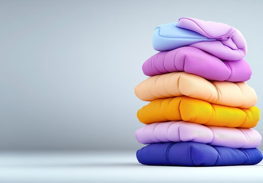 A stack of colorful puffy jackets in pastel shades, neatly folded, ready for winter