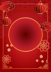 Imlek, Lunar New Year, Festive red background with lanterns and floral motifs, ideal for celebrating Chinese New Year and Lunar Festival events.