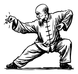 Martial arts master performing tai chi kung fu pose, hand drawn vector illustration of elderly man practicing meditation and health
