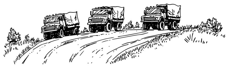 Military cargo trucks convoy on dirt road, hand drawn vector illustration of off-road heavy vehicles for transport or army design © JakubVectorSketch
