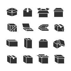 Packaging boxes, monochrome icons set. Cardboard box shapes, shipping and storage packaging, delivery, packing process, container types. Black and white symbols style.