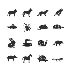 Animal silhouettes, monochrome icons set. Wildlife and domestic animal shapes, mammal, bird, reptile species, forest, farm, biology, animal diversity. Black and white symbols style.