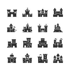 Medieval castle architecture, monochrome icons set. Fortress building, stone castle, historical architecture, ancient stronghold, knight residence, heritage landmark. Black and white symbols style.