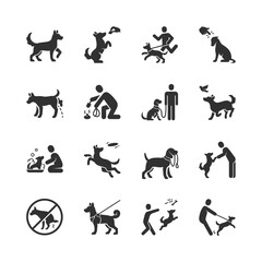 Dog care and walking, monochrome icons set. Pet ownership, dog walking routine, training, feeding, hygiene, behavior control, daily maintenance, responsible pet care. Black and white symbols style.