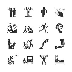 Disability and accessibility support, monochrome icons set. Physical impairment, inclusive environment, assistive technology, healthcare service, equal opportunity. Black and white symbols style.