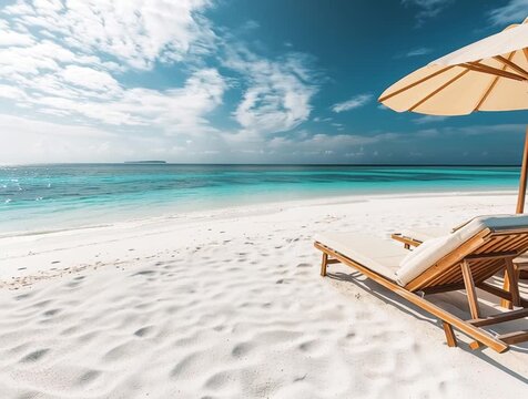 Relaxing tropical beach scene with sunbeds and parasol on white sand