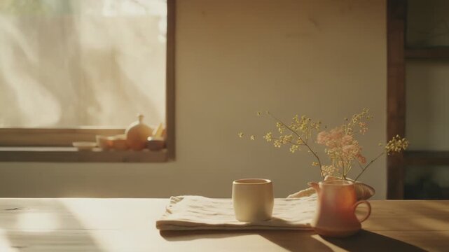 Warm sunlight creating dappled shadows on a rustic wooden table. Featuring an empty ceramic cup and a small pitcher holding delicate flowers. Set against a blurred window background in a tranquil room