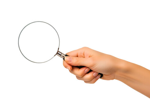 Hand holding magnifying glass isolated on transparent background